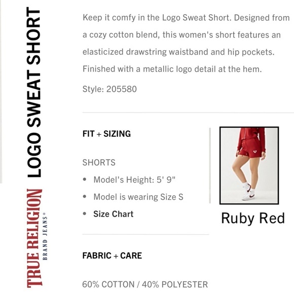 TRUE RELIGION RED DAHLIA HS FOIL LOGO FLEECE HIGH WAIST SWEAT SHORT - Picture 3 of 12